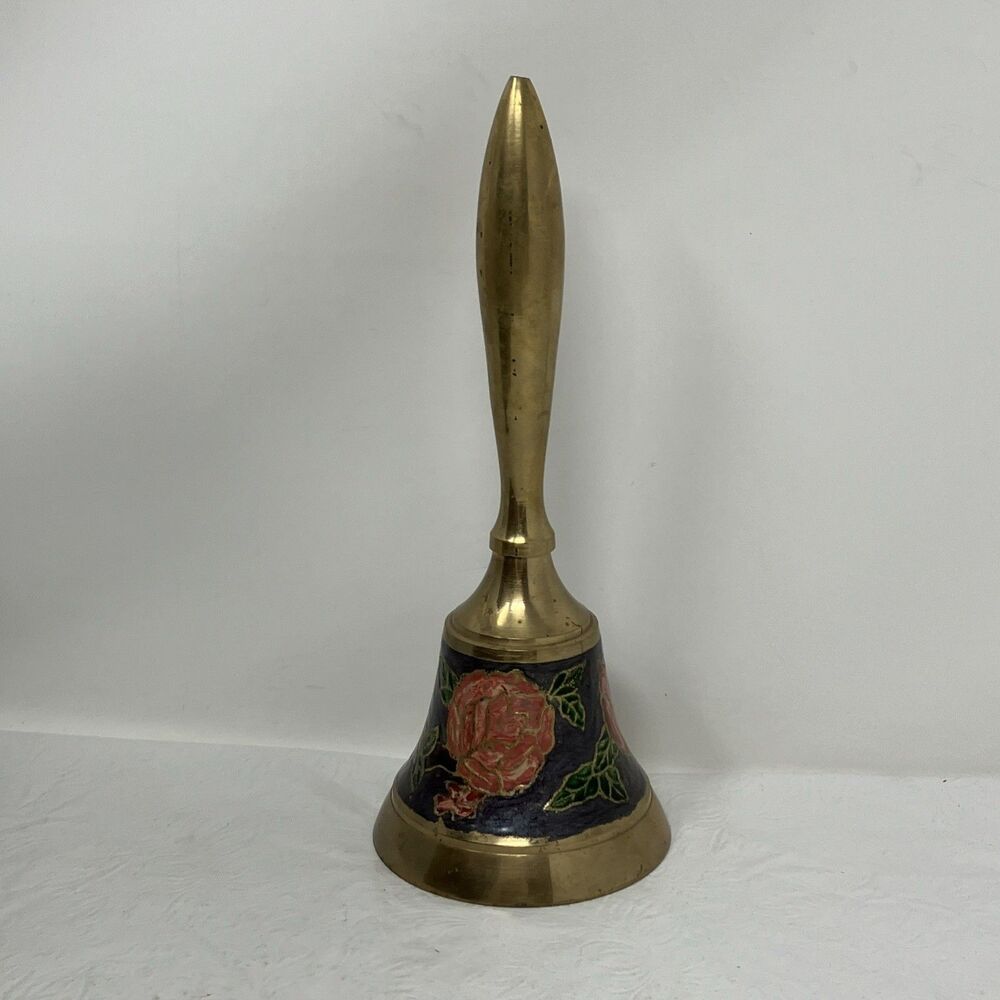 Vtg Solid Brass Hand Ringer Bell w Floral Enamel Inlay India 8.75" H x 3.5" W